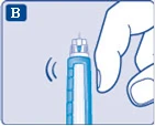 Mano che impugna una penna siringa blu che emette un segnale acustico, indicato da linee ondulate, nella parte superiore sinistra della figura la lettera B
