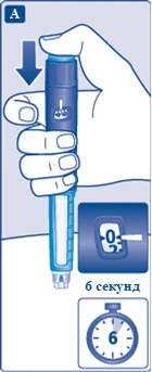Mano che impugna la penna siringa, premendo il pulsante verso il basso, con un indicatore di 0,5 ml e un timer di 6 secondi per la somministrazione del farmaco