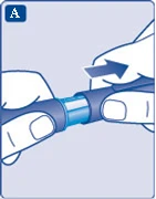 Mani che manipolano un dispositivo medico: una mano tiene un cilindro blu, l'altra preme su di esso con una freccia che indica il senso del movimento