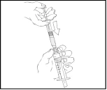 Manos sujetando la jeringa, una mano presiona el émbolo, la otra fija el cuerpo, flecha indica la dirección del empuje del émbolo