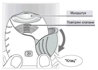 A hand holding the inhaler, showing the mouthpiece and air vents, an arrow indicating the action