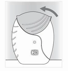 A device displaying the number 29 on the panel, the upper part opens by moving the arrow to the left, with visible seams and a button