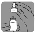 One hand holds a medication vial, the other hand unscrews the cap equipped with a syringe for drawing up the solution