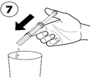 Una mano tiene la siringa, rilasciando una goccia di liquido in un bicchiere, con freccia nera e numero 7 sopra
