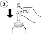 Una mano inserisce la siringa nella fiala del farmaco, una freccia indica la direzione del movimento, il numero 3 indica il passaggio dell'istruzione