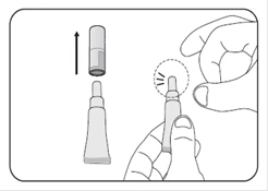 A hand holding a tube with the cap being removed upward, another hand pressing the tube to dispense a drop of medication