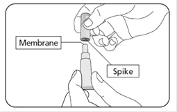 Hands inserting a spike needle into the membrane of a vial, labeled parts: membrane and spike, illustration for a medical instruction
