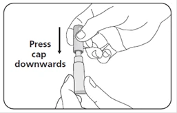 A hand pressing the cap down onto a medication bottle, the other hand holding the bottle, an arrow indicating the direction of pressure