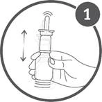 Hand holding a vial with an applicator, arrows indicate up and down motion for preparing the medication for administration