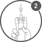 Hand holding an inhaler, finger pressing the button, arrow indicating direction of pressing, number 2 in the upper right corner
