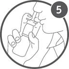 Hand holding an inhaler, patient inhaling medication from the device, number 5 in a circle in the upper right corner