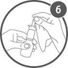 Le mani tengono una fiala con contagocce, aprendo il coperchio per l'uso del farmaco, il numero del passaggio 6 è cerchiato