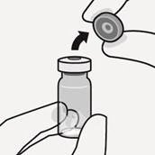 Una mano tiene un'ampolla di medicinale, l'altra mano svita il coperchio con una freccia che indica il senso di rotazione