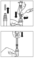 Mano inserisce la siringa nel flacone, preme lo stantuffo per aspirare la soluzione, quindi estrae la siringa dal flacone tenendolo verticalmente