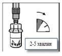 Syringe inserted into a drug ampoule, with a schematic diagram showing an arrow and text '2–5 minutes' indicating required waiting time