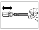 Hand holding a syringe with ampoule attached, arrow indicating back-and-forth movement of the plunger to draw up solution
