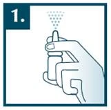 Una mano tiene un spray rivolto verso l'alto, con gocce che si disperdono dall'erogatore, inquadrato in una cornice quadrata con il numero 1 nell'angolo in alto a sinistra