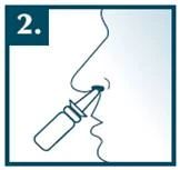 Spray nasale inserito in una narice con un angolazione, immagine con il numero 2 in un quadrato