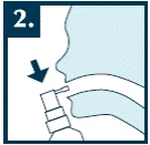 Nasal spray is inserted into the nose at an angle; the arrow indicates the direction of pressing, and the number 2 marks the instruction step