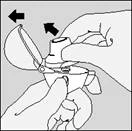 Hands opening an ampoule, index fingers showing the direction of opening, ampoule held between fingers for safe handling