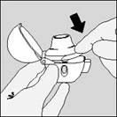 Hand opening the inhaler cap, the other hand pressing the button, arrow indicating the direction of action to activate the medication dose