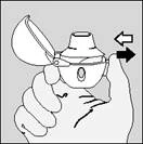 Hand holding an inhaler, opening the cap and pressing the button to release a dose of medication in the direction of the arrow