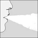 Side view of a person exhaling air or aerosol from the mouth as a forward-moving stream dispersing outward