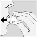 Hand holding an inhaler directed into the mouth, with an arrow indicating inhalation of air through the device to administer medication