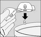 Hand holding a dropper bottle, a drop falling into a bowl, arrow indicating the direction of the drop's fall