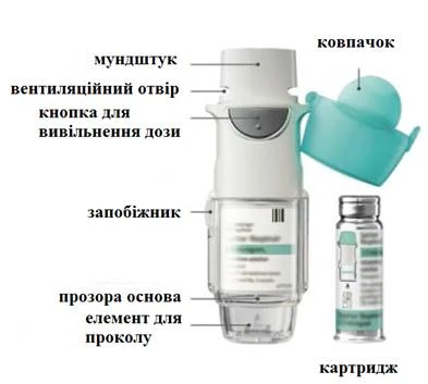 Inhalator z oznaczonymi częściami: ustnik, otwór wentylacyjny, przycisk dozwolenia dawki, zabezpieczenie, przezroczysta podstawa do przebicia, osłonka oraz oddzielny kartusz