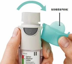 Ręka trzymająca inhalator, druga ręka otwierająca osłonkę chroniącą ustnik, zielona strzałka wskazuje kierunek otwarcia
