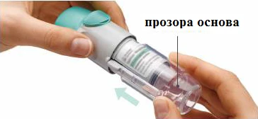 Ręce trzymające inhalator, wskazanie przezroczystej podstawy ze strzałką pokazującą kierunek ruchu przygotowawczego do użytku