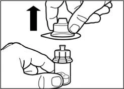 Mano che svita il tappo di un flacone di farmaco, l'altra mano tiene fermo il flacone, freccia indica il senso di svitamento del tappo