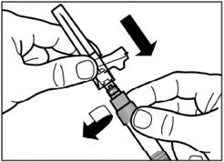 Hands assembling an auto-injector pen: one hand holding the body, the other attaching the needle, arrows indicating rotation and attachment direction