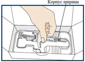 Рука тримає шприц, вказуючи на корпус шприца, який розташований у спеціальному контейнері для безпечного використання та зберігання