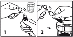 Hand opens a medicine bottle, removes a dropper, then dispenses drops into a glass of water for oral intake
