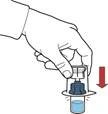 A hand pressing the plunger of a pen injector to dispense medication into a vial containing blue liquid, a red arrow indicates the direction of the injection