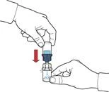 Hands inserting a syringe needle into an ampoule of medication, a red arrow indicates the direction of pressing the plunger to draw up the solution
