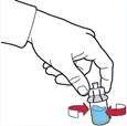 A hand unscrewing the cap from a medication vial, the direction of rotation shown by red arrows