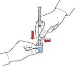 A hand holding a syringe inserting the needle into a medication vial, the other hand stabilizing the vial, red arrows indicate the direction of plunger movement and vial opening