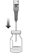Syringe with needle inserted into an ampoule with solution; an arrow indicates the direction of movement for drawing up medication