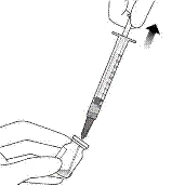 Hand holding a syringe vertically, inserting the needle into muscle tissue; the other hand supports the syringe from below; an arrow indicates the direction of fluid injection