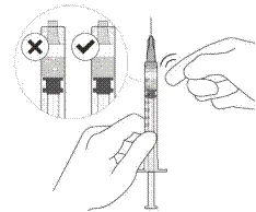 Hand holding a syringe, another hand pressing the plunger; above, correct and incorrect positions of the plunger in the syringe are shown with checkmark and cross indicators