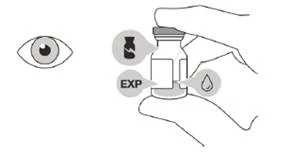 Eye with dilated pupil next to hands holding a vial labeled EXP and a drop of liquid falling from it