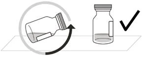 Ampoule with solution being rotated to mix; next to it — correct ampoule position with a checkmark confirming readiness for use