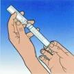 Hands holding an injection pen, finger pressing the plunger to administer the treatment, blue background