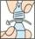 A hand holds an inhaler, fingers pressing the dose button to release medication for inhalation through the mouth