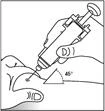 Hand holding a syringe at a 45-degree angle, inserting the needle into the skin, the other hand stretching the skin taut for injection