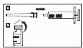 A syringe with a needle is inserted into an ampoule to draw up the solution, then the needle is removed, and the syringe is prepared for injection