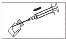 A syringe with a needle is inserted into an ampoule to draw up the solution, an arrow indicates the direction of plunger movement to withdraw the medication